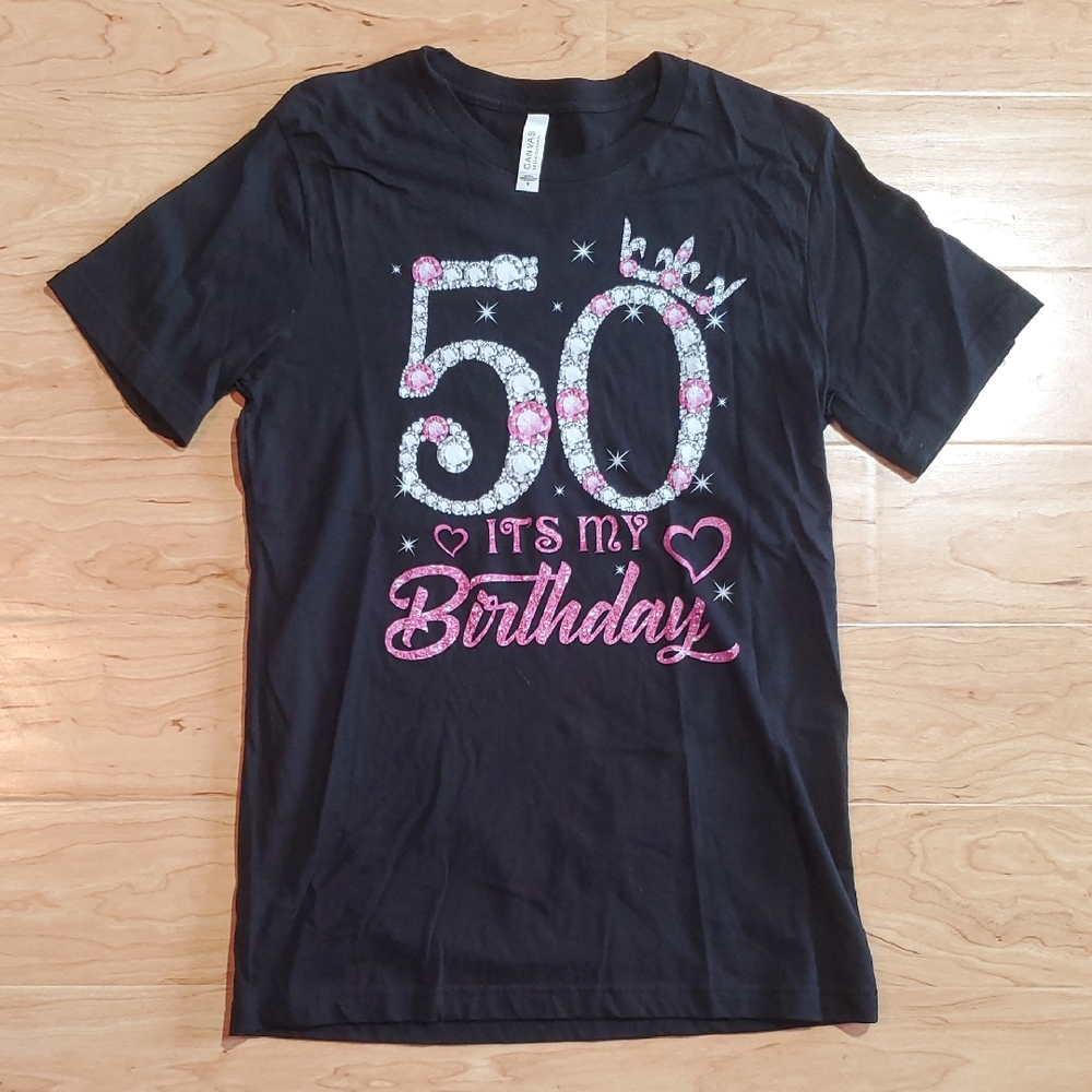 Bella Canvas Black Birthday Kids Tee with Pink and White Accents